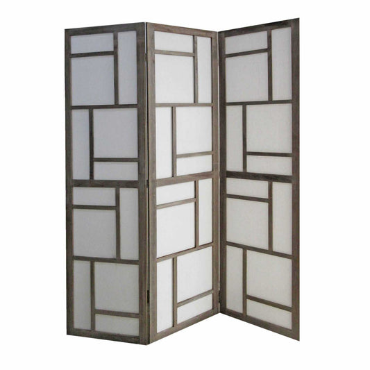 Contemporary 3 Panel Wooden Screen With Geometrical Designs, Gray By Benzara | Room Divider |  Modishstore 