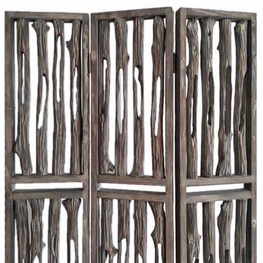 Contemporary 3 Panel Wooden Screen With Log Design, Brown By Benzara | Room Divider |  Modishstore  - 2
