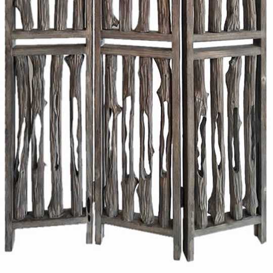 Contemporary 3 Panel Wooden Screen With Log Design, Brown By Benzara | Room Divider |  Modishstore  - 4