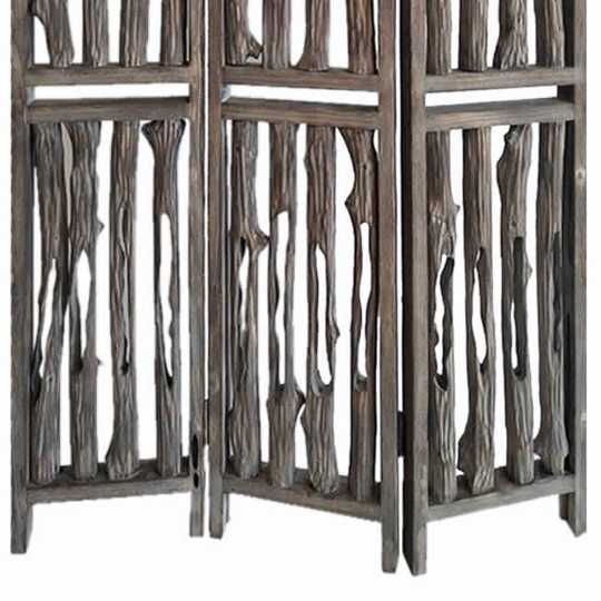 Contemporary 3 Panel Wooden Screen With Log Design, Brown By Benzara | Room Divider |  Modishstore  - 4
