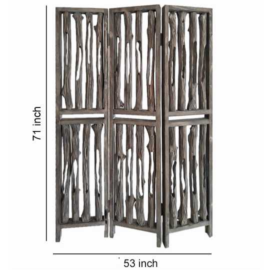 Contemporary 3 Panel Wooden Screen With Log Design, Brown By Benzara | Room Divider |  Modishstore  - 5