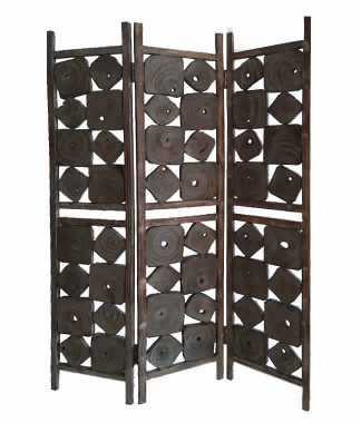 Contemporary 3 Panel Wooden Screen With Square Log Cut Inset, Brown By Benzara | Room Divider |  Modishstore 