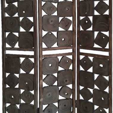 Contemporary 3 Panel Wooden Screen With Square Log Cut Inset, Brown By Benzara | Room Divider |  Modishstore  - 3