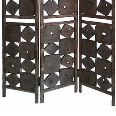 Contemporary 3 Panel Wooden Screen With Square Log Cut Inset, Brown By Benzara | Room Divider |  Modishstore  - 4