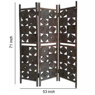 Contemporary 3 Panel Wooden Screen With Square Log Cut Inset, Brown By Benzara | Room Divider |  Modishstore  - 5