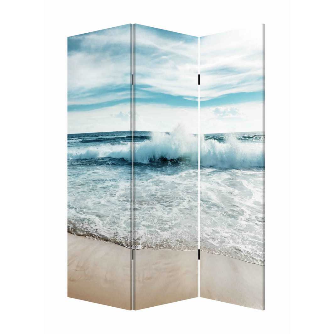 Foldable Canvas Screen With Ocean Shore Print And 3 Panels, Multicolor By Benzara | Room Divider |  Modishstore  - 2