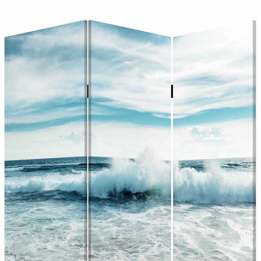 Foldable Canvas Screen With Ocean Shore Print And 3 Panels, Multicolor By Benzara | Room Divider |  Modishstore  - 3