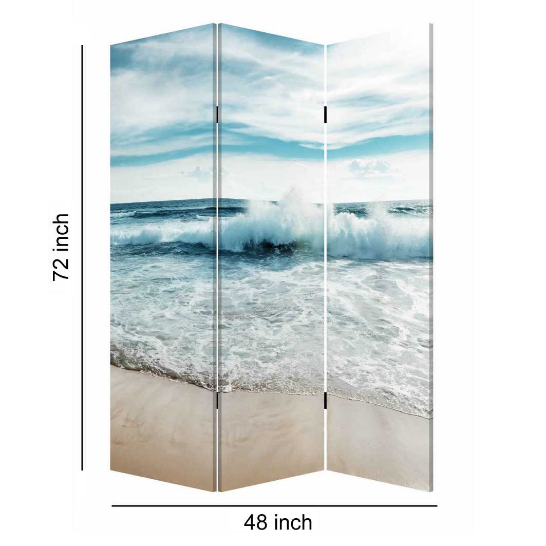 Foldable Canvas Screen With Ocean Shore Print And 3 Panels, Multicolor By Benzara | Room Divider |  Modishstore  - 6