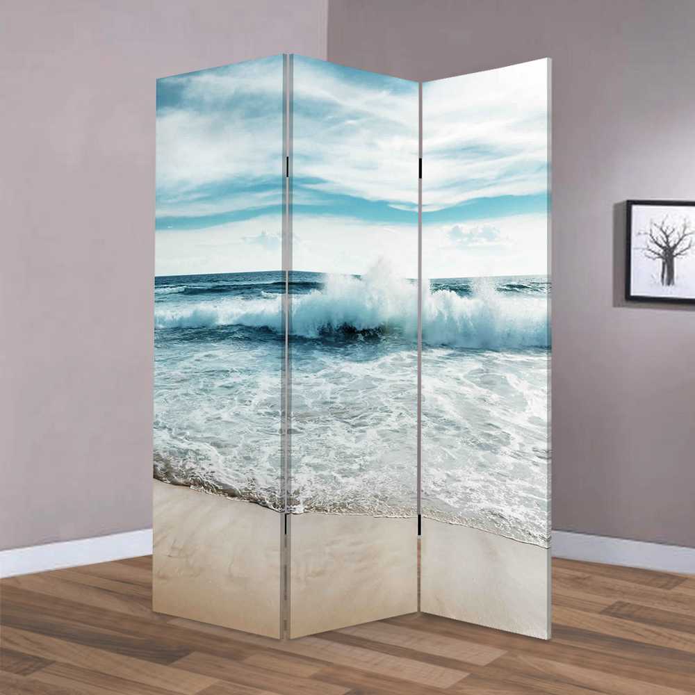 Foldable Canvas Screen With Ocean Shore Print And 3 Panels, Multicolor By Benzara | Room Divider |  Modishstore 