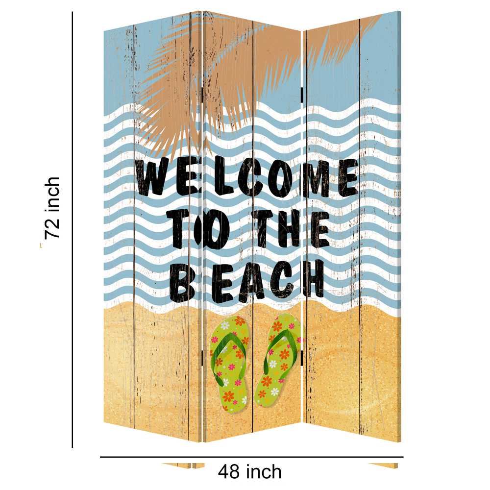 Foldable Canvas Screen With Beach Print And 3 Panels, Multicolor By Benzara | Room Divider |  Modishstore  - 2