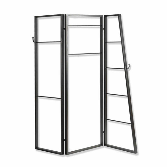 Modern Style 3 Panel Metal Screen With Hooks And Rod Hangings, Black By Benzara | Room Divider |  Modishstore 