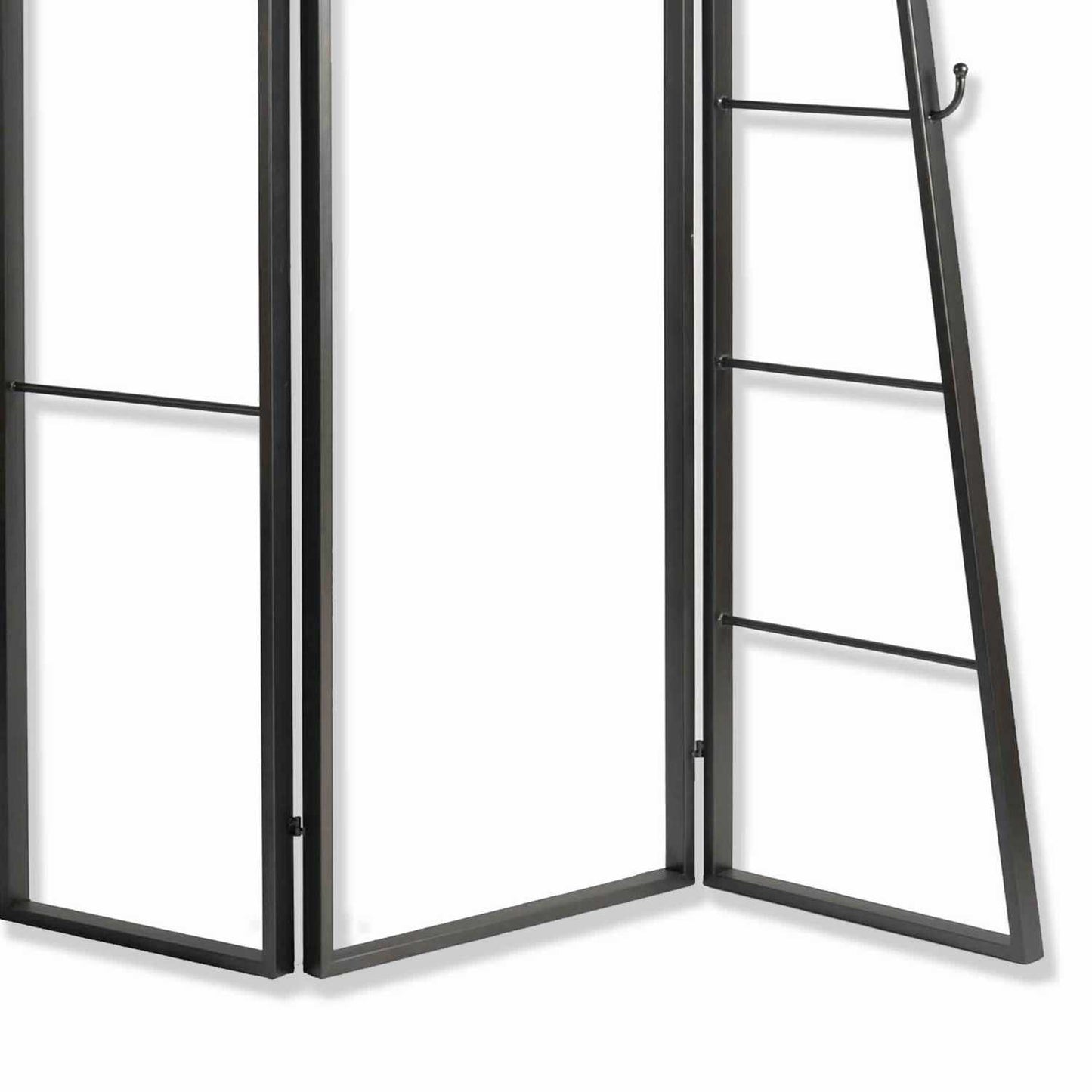 Modern Style 3 Panel Metal Screen With Hooks And Rod Hangings, Black By Benzara | Room Divider |  Modishstore  - 4