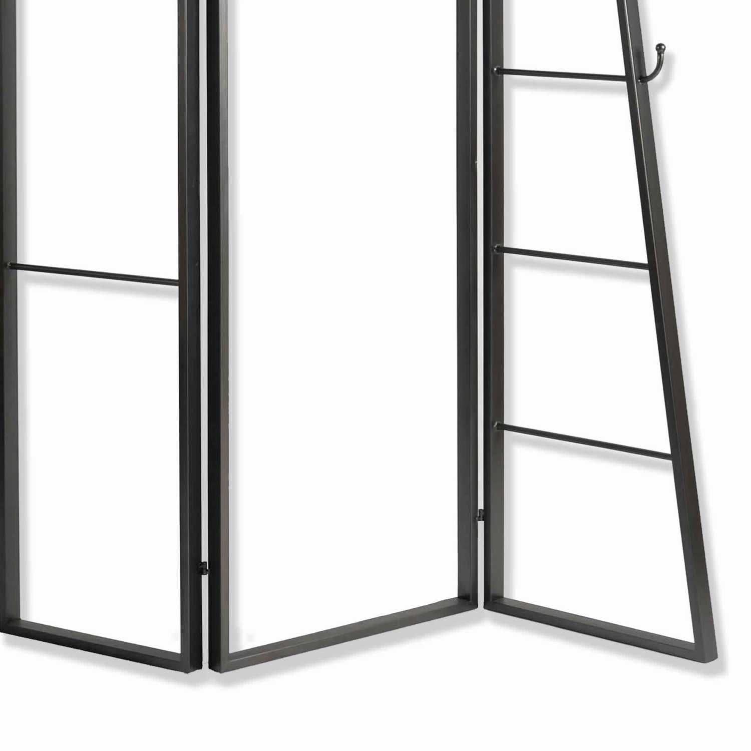 Modern Style 3 Panel Metal Screen With Hooks And Rod Hangings, Black By Benzara | Room Divider |  Modishstore  - 4