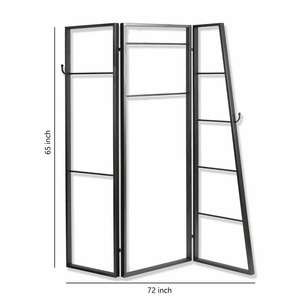 Modern Style 3 Panel Metal Screen With Hooks And Rod Hangings, Black By Benzara | Room Divider |  Modishstore  - 5