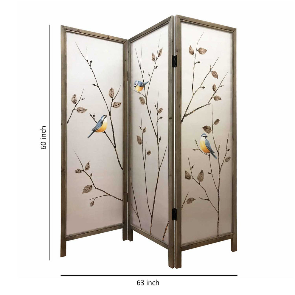 Art Styled 3 Panel Wooden Screen With Hand Painted Fabric Design, Beige By Benzara | Room Divider |  Modishstore  - 4