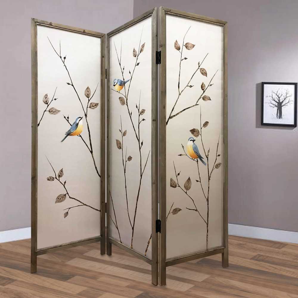 Art Styled 3 Panel Wooden Screen With Hand Painted Fabric Design, Beige By Benzara | Room Divider |  Modishstore 