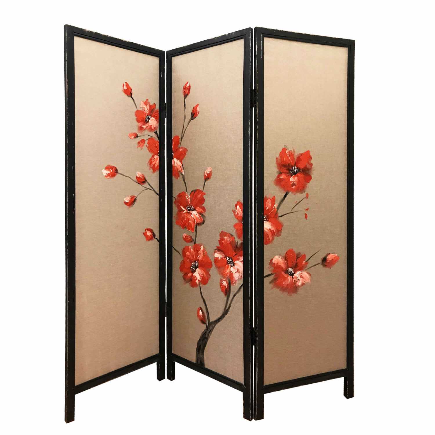 3 Panel Wooden Screen With Hand Painted Fabric Design, Red And Brown By Benzara | Room Divider |  Modishstore 