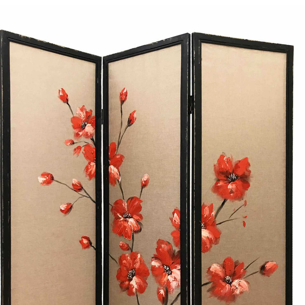 3 Panel Wooden Screen With Hand Painted Fabric Design, Red And Brown By Benzara | Room Divider |  Modishstore  - 4
