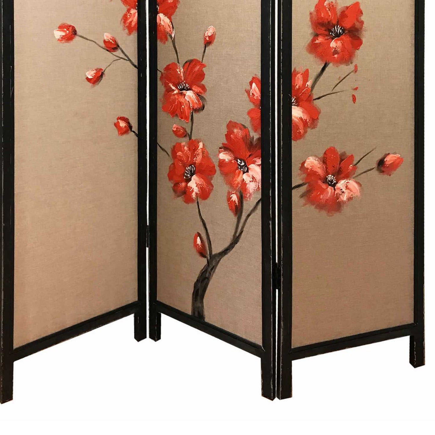3 Panel Wooden Screen With Hand Painted Fabric Design, Red And Brown By Benzara | Room Divider |  Modishstore  - 3