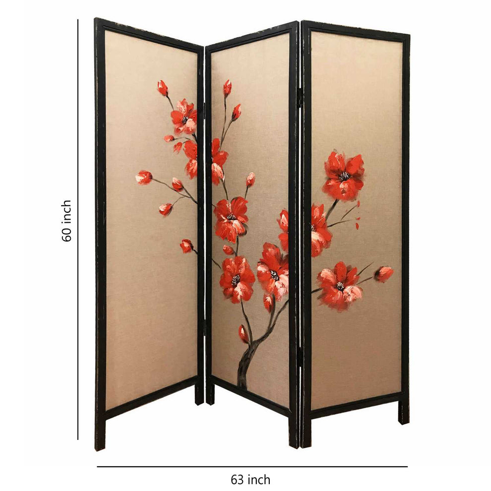 3 Panel Wooden Screen With Hand Painted Fabric Design, Red And Brown By Benzara | Room Divider |  Modishstore  - 2
