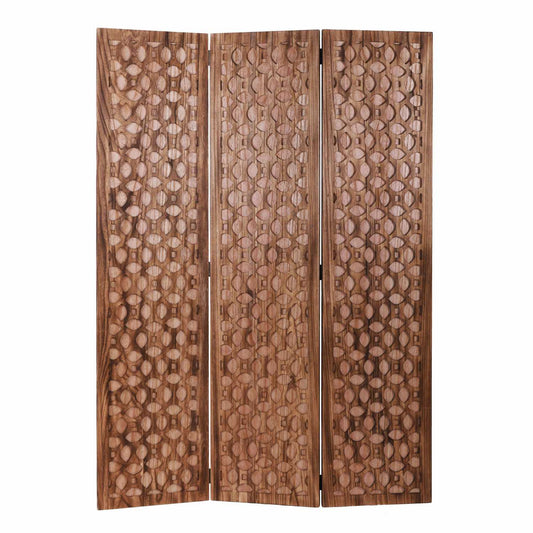 3 Panel Transitional Wooden Screen With Leaf Like Carvings, Brown By Benzara | Room Divider |  Modishstore 
