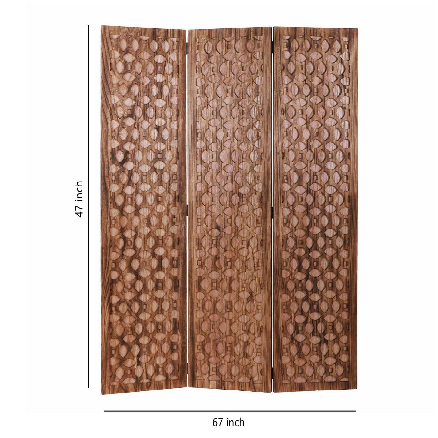 3 Panel Transitional Wooden Screen With Leaf Like Carvings, Brown By Benzara | Room Divider |  Modishstore  - 2