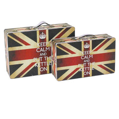 Suitcase With Union Jack Print Canvas Upholstery, Multicolor, Set Of 2 By Benzara