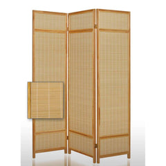 Wooden Frame 3 Panel Foldable Screen With Bamboo Straw Details, Brown By Benzara