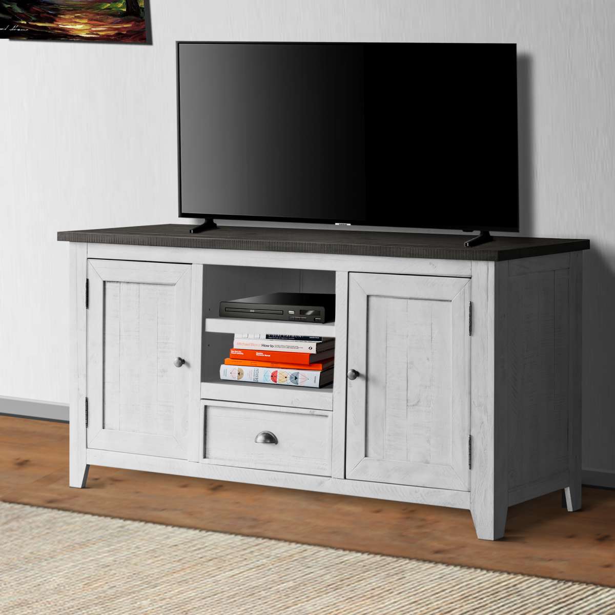 Coastal Wooden Tv Stand With 2 Cabinets And 1 Drawer, White And Gray By Benzara | TV Stands |  Modishstore  - 2
