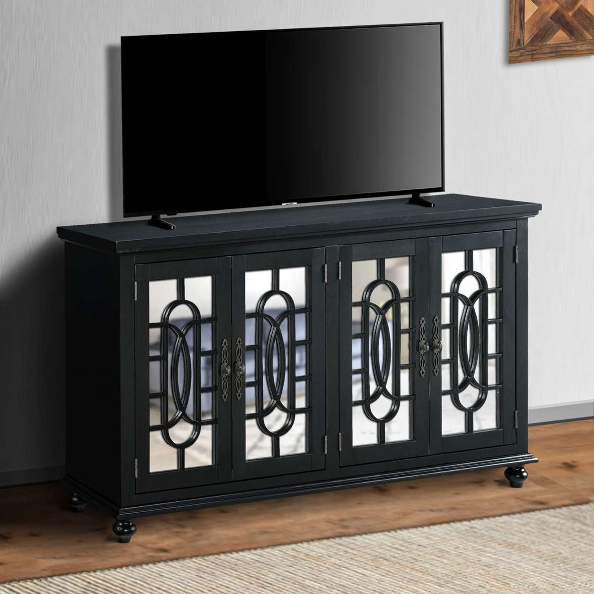 Trellis Front Wood And Glass Tv Stand With Cabinet Storage, Black By Benzara | Cabinets |  Modishstore  - 2