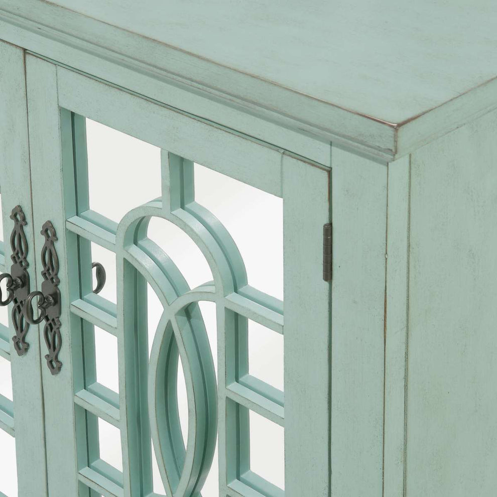 Trellis Front Wood And Glass Tv Stand With Cabinet Storage, Mint Green By Benzara | Cabinets |  Modishstore  - 3