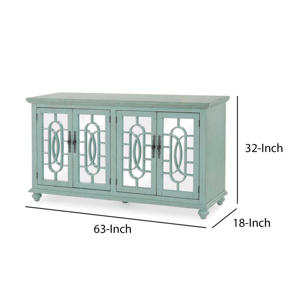 Trellis Front Wood And Glass Tv Stand With Cabinet Storage, Mint Green By Benzara | Cabinets |  Modishstore  - 4