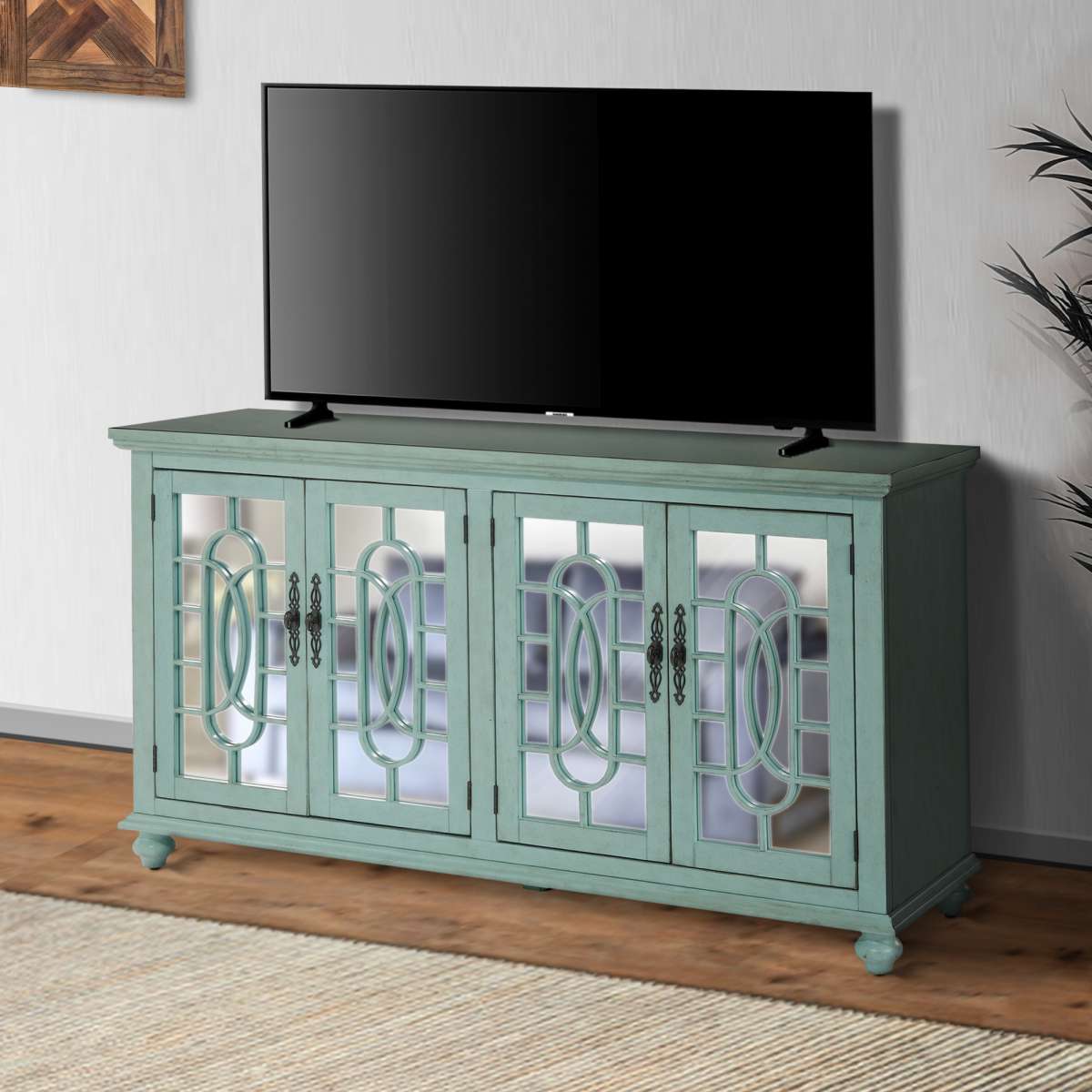 Trellis Front Wood And Glass Tv Stand With Cabinet Storage, Mint Green By Benzara | Cabinets |  Modishstore  - 2