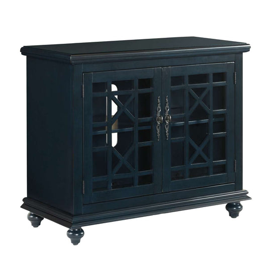 Transitional Wood And Glass Tv Stand With Trellis Cabinet Front, Dark Blue By Benzara | Cabinets |  Modishstore 