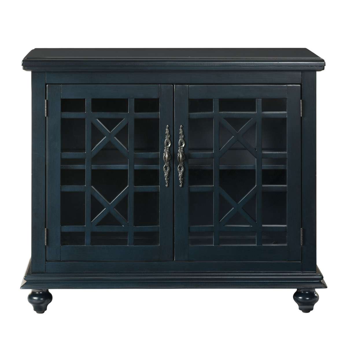 Transitional Wood And Glass Tv Stand With Trellis Cabinet Front, Dark Blue By Benzara | Cabinets |  Modishstore  - 5