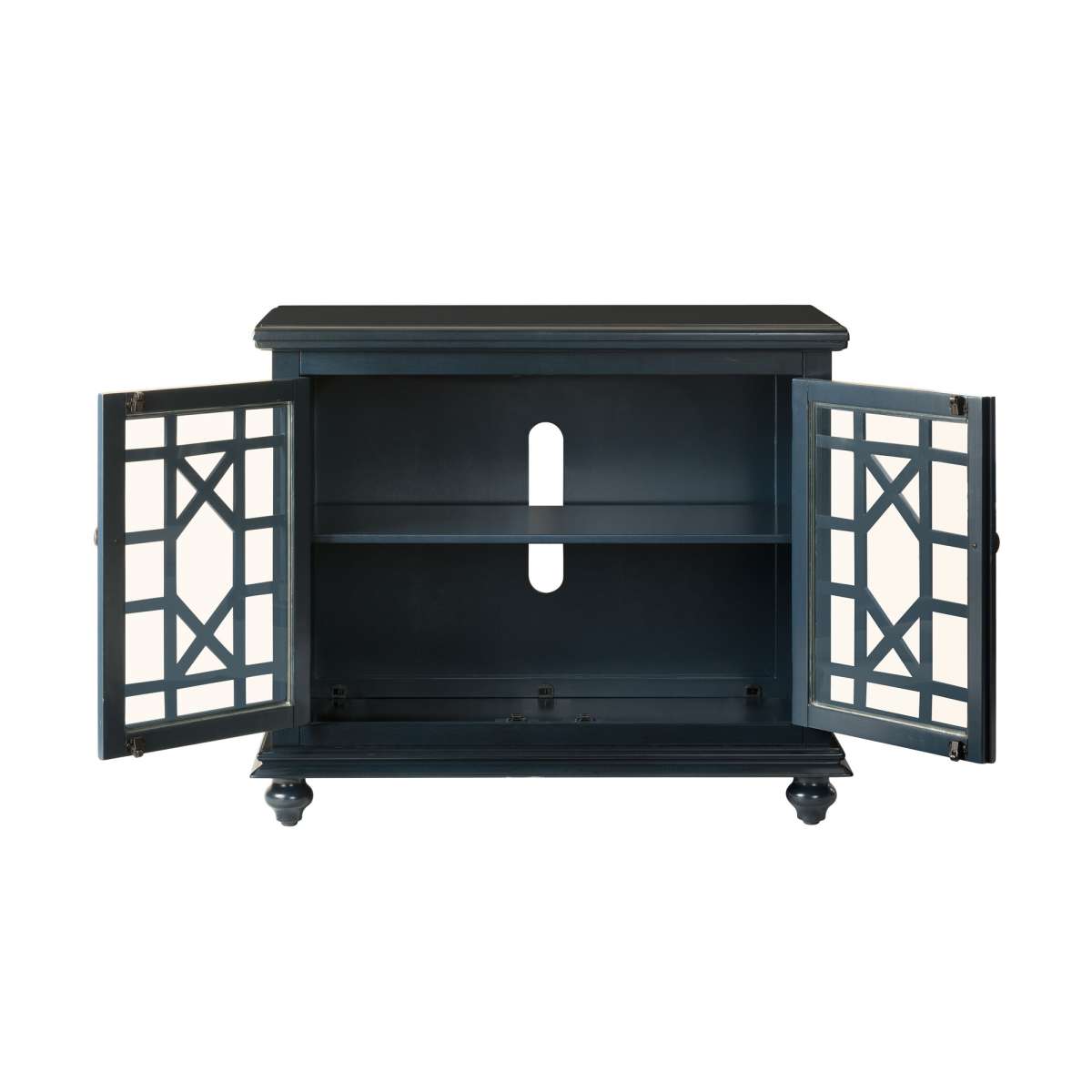 Transitional Wood And Glass Tv Stand With Trellis Cabinet Front, Dark Blue By Benzara | Cabinets |  Modishstore  - 6