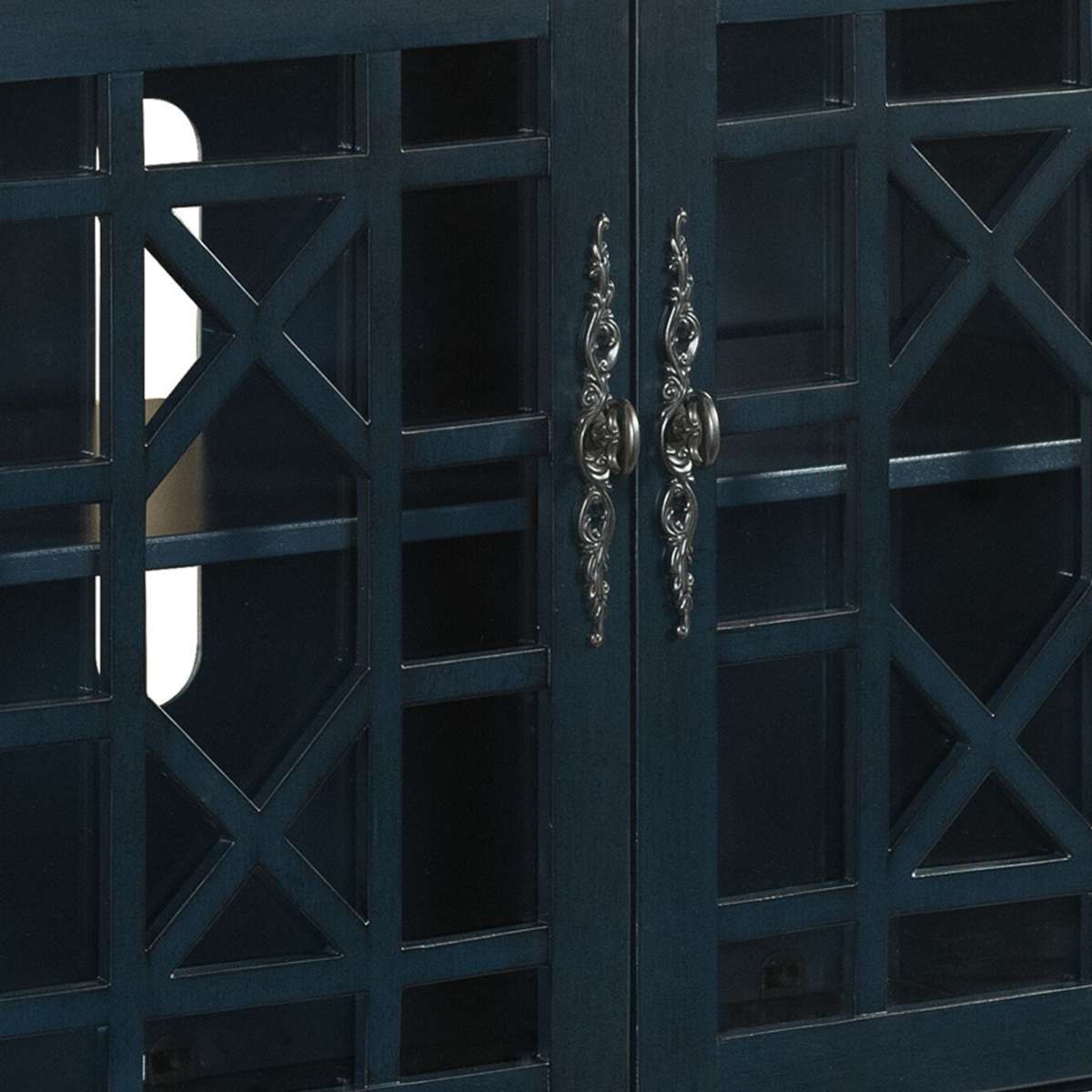 Transitional Wood And Glass Tv Stand With Trellis Cabinet Front, Dark Blue By Benzara | Cabinets |  Modishstore  - 3