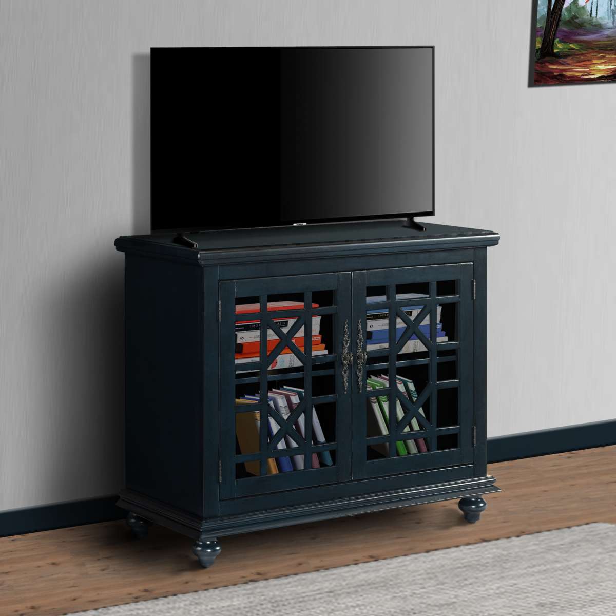 Transitional Wood And Glass Tv Stand With Trellis Cabinet Front, Dark Blue By Benzara | Cabinets |  Modishstore  - 2