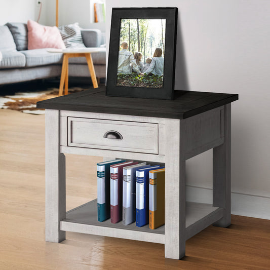 Coastal Style Square Wooden End Table With 1 Drawer, White And Gray By Benzara | End Tables | Modishstore