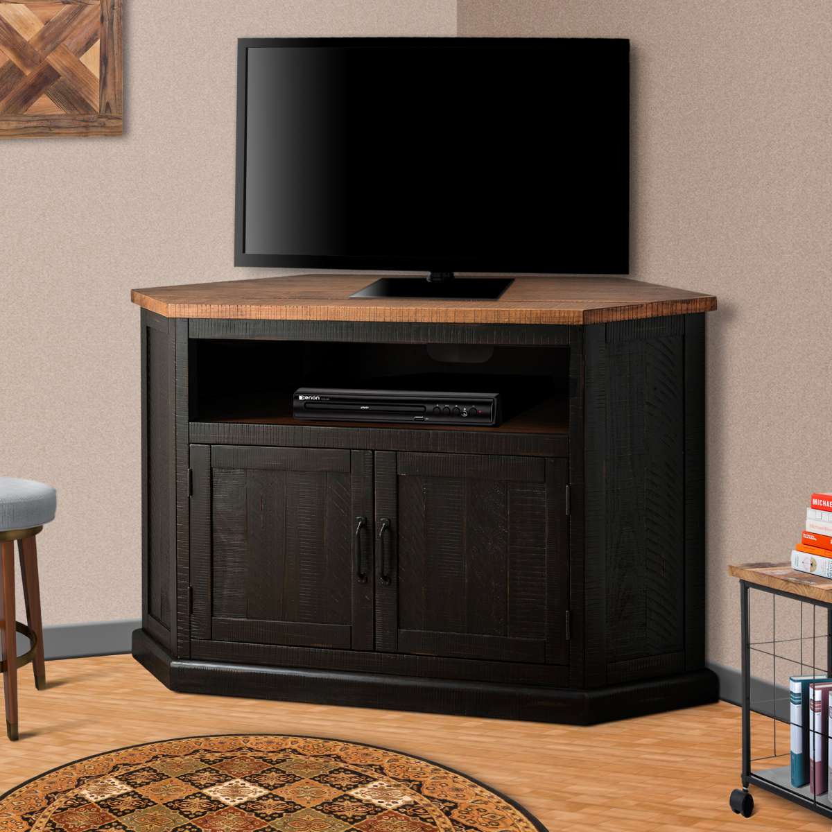 Rustic Style Wooden Corner Tv Stand With 2 Door Cabinet, Brown By Benzara | TV Stands |  Modishstore 