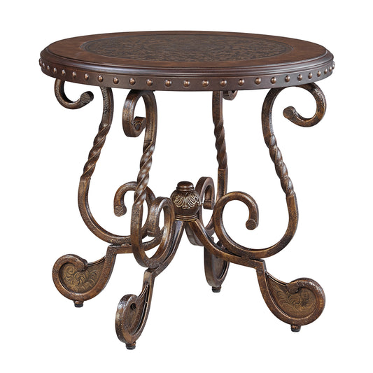 Round End Table With Nailhead Accented Top And Scrolled Base, Brown By Benzara | End Tables | Modishstore