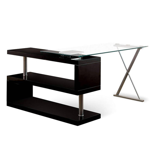 Movable Glass Top Desk With X Shaped Side Panel, Black And Clear By Benzara | Desks |  Modishstore 