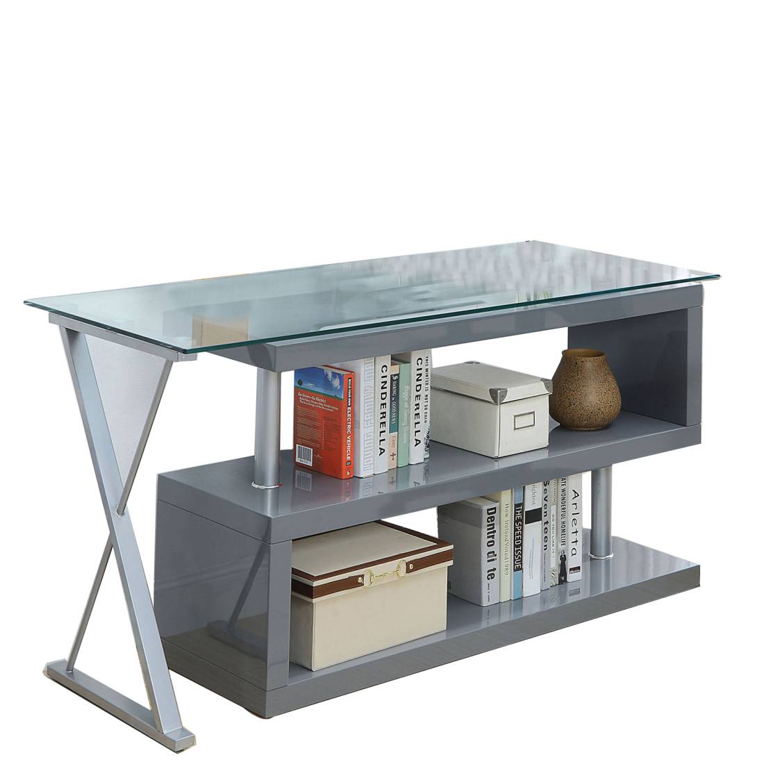 Movable Glass Top Computer Desk With X Shaped Side Panel, Gray And Clear By Benzara | Desks |  Modishstore 