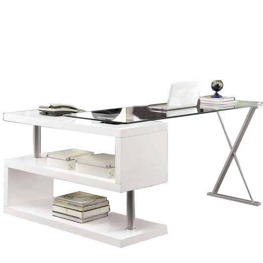Movable Glass Top Desk With X Shaped Side Panel, White And Clear By Benzara | Desks |  Modishstore 