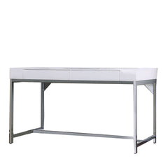 Wooden Computer Desk With 2 Drawers And Metal Frame, White And Silver By Benzara