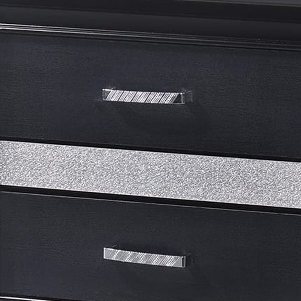 Nightstand With 2 Drawers And Rhinestone Pull Handles, Black And Silver By Benzara | Nightstands | Modishstore - 3
