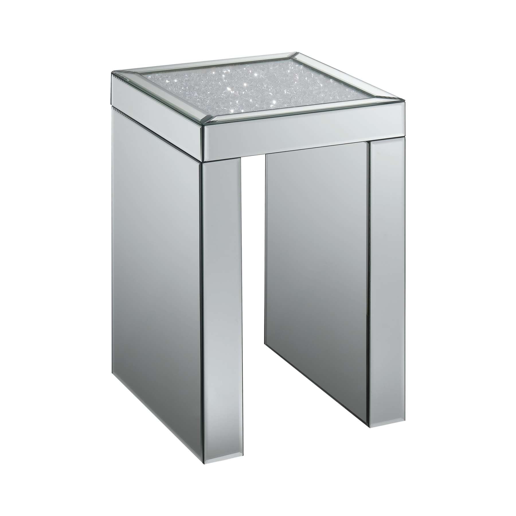 Mirror Panelled Accent Table With Crystal Embellished Top, Silver By Benzara | Side Tables |  Modishstore  - 2