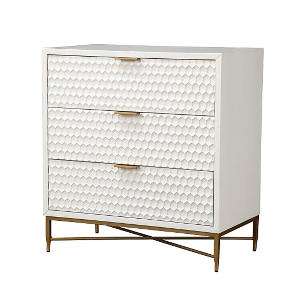 Honeycomb Design 3 Drawer Chest With Metal Legs, Small, White By Benzara | Drawers |  Modishstore  - 2