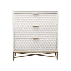 Honeycomb Design 3 Drawer Chest With Metal Legs, Small, White By Benzara