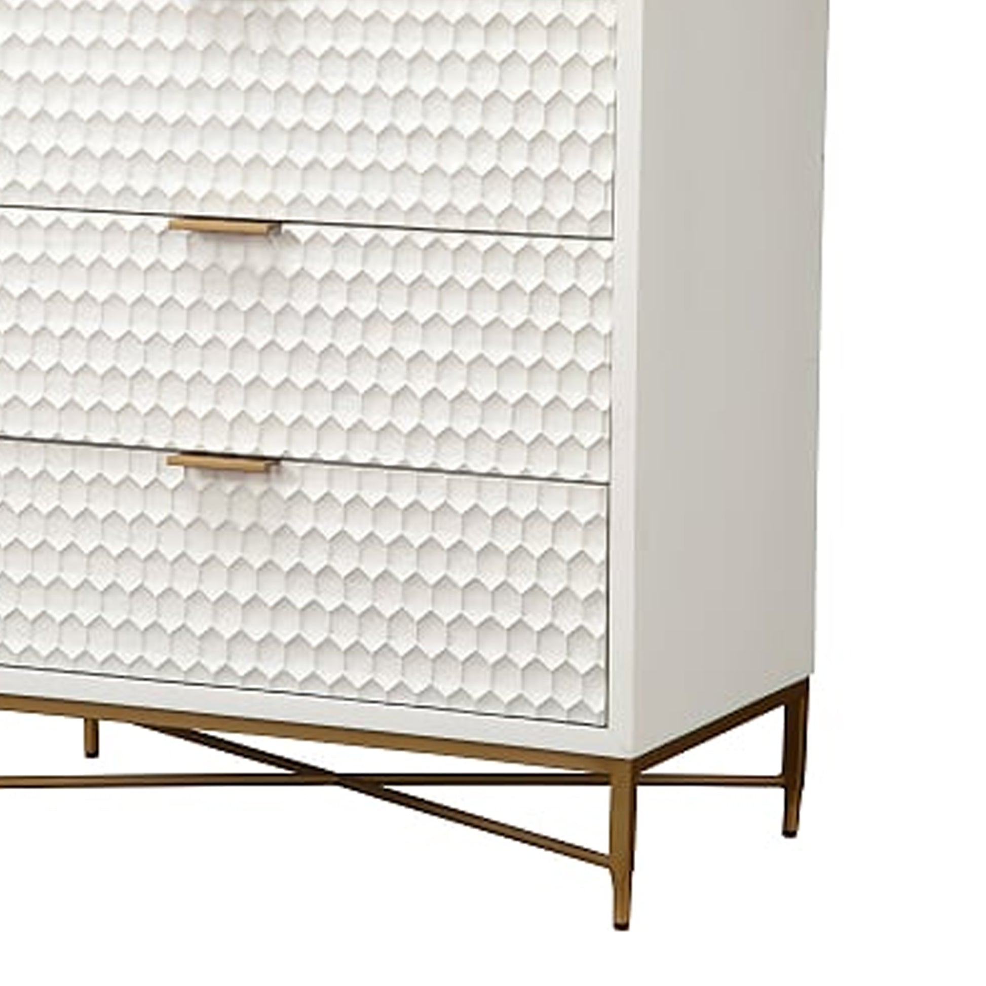 Honeycomb Design 3 Drawer Chest With Metal Legs, Small, White By Benzara | Drawers |  Modishstore  - 4